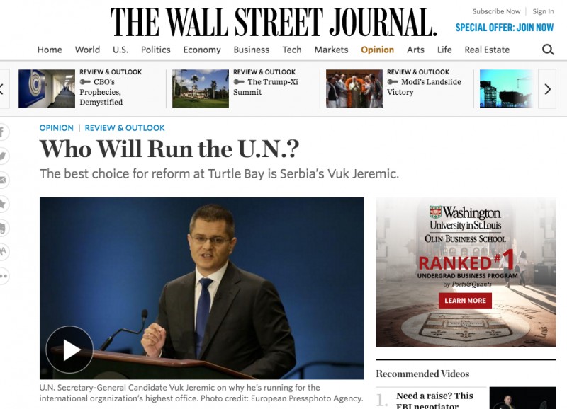 The fact that the Wall Street Journal led Vuk Jeremic’s campaign for the place of the UN Secretary despite indicators that he had no chances, points to in-advance paid PR activities via the Contract with 30 Point Strategies Company.